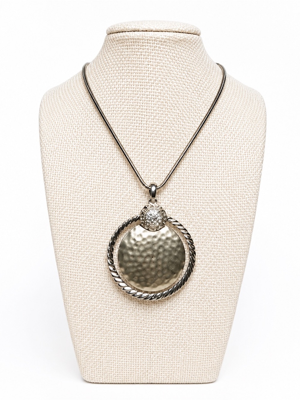 Chicos 16” Necklace + 4” Extender, Hammered Pendant with Rope Detail Gold Silver